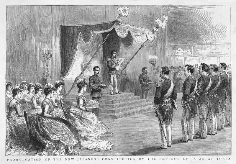 historic scene of the japanese emperor at the podium